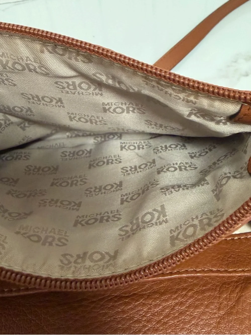 Michael Kors Tan Pebbled Leather Crossbody with Gold MK Emblem